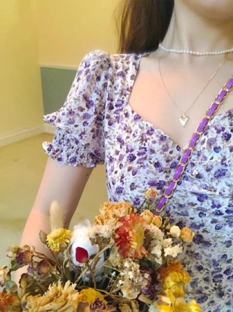 (Sẵn) Váy đầm maxi hoa tím xẻ tà dáng dài tay ngắn phồng | BigBuy360 - bigbuy360.vn