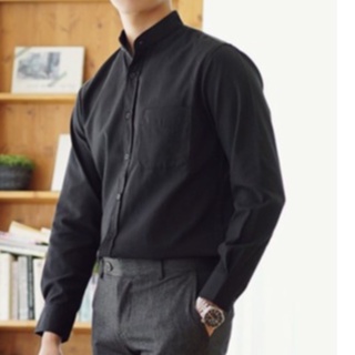 Áo sơ mi nam dài tay màu đen cổ trụ thời trang