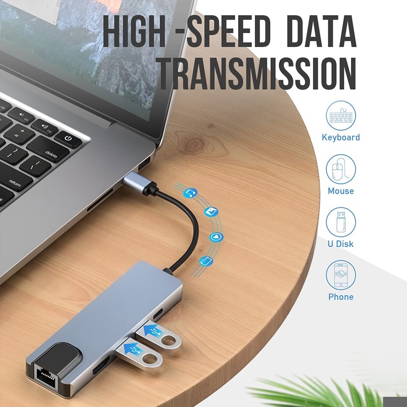 Bộ Chia 5 Cổng USB 3.0 RJ45 Ethernet 100Mbps Cho Macbook Windows PC Laptop