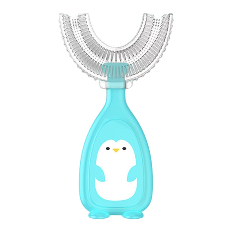 Bàn chải đánh răng hình chữ U xoay 360 độ họa tiết chim cánh cụt hoạt hình cho bé