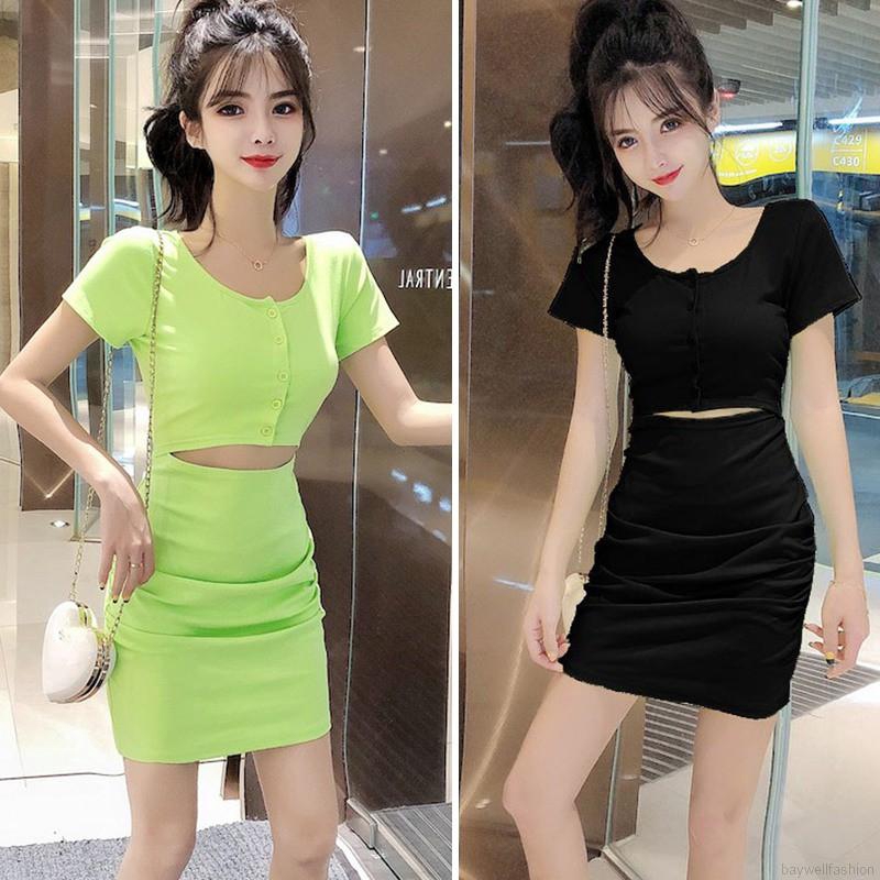 Đầm dệt kim tay ngắn cổ tròn phong cách Hàn Quốc | BigBuy360 - bigbuy360.vn