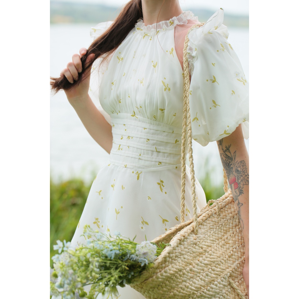 SÒ VINTAGE - DAISY Váy maxi hoa tay phồng phối lưới