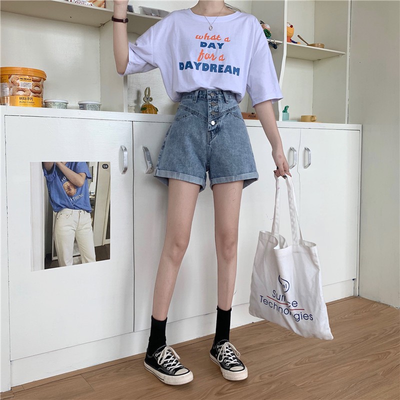 Xiaozhainv Quần short denim eo cao ống rộng phong cách Hàn Quốc | BigBuy360 - bigbuy360.vn