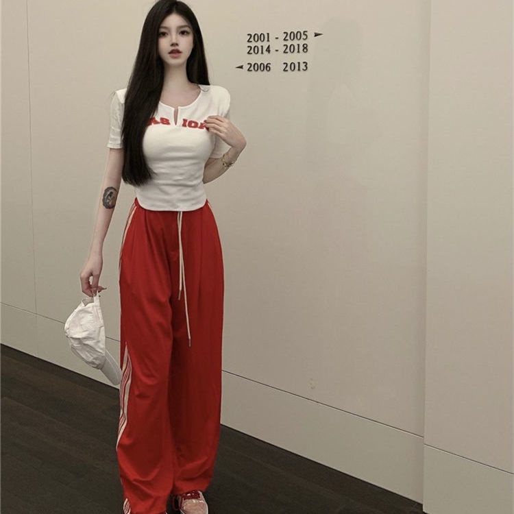 COZOKC COZOK Set áo thun ngắn tay cổ chữ v + quần dài COZOK lưng thun dây rút thời trang cho nữ