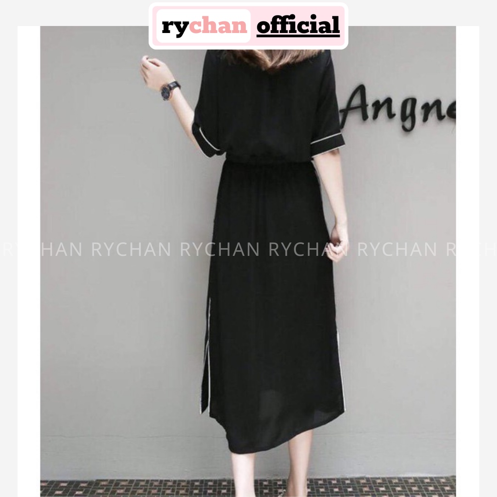DM688 - Đầm Maxi Lụa Phối Viền Xẻ Tà