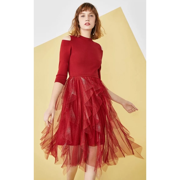 Vero Moda Đầm thun hở vai Cổ Tròn Cho Nữ  Xếp Lưới Tầng 320146513