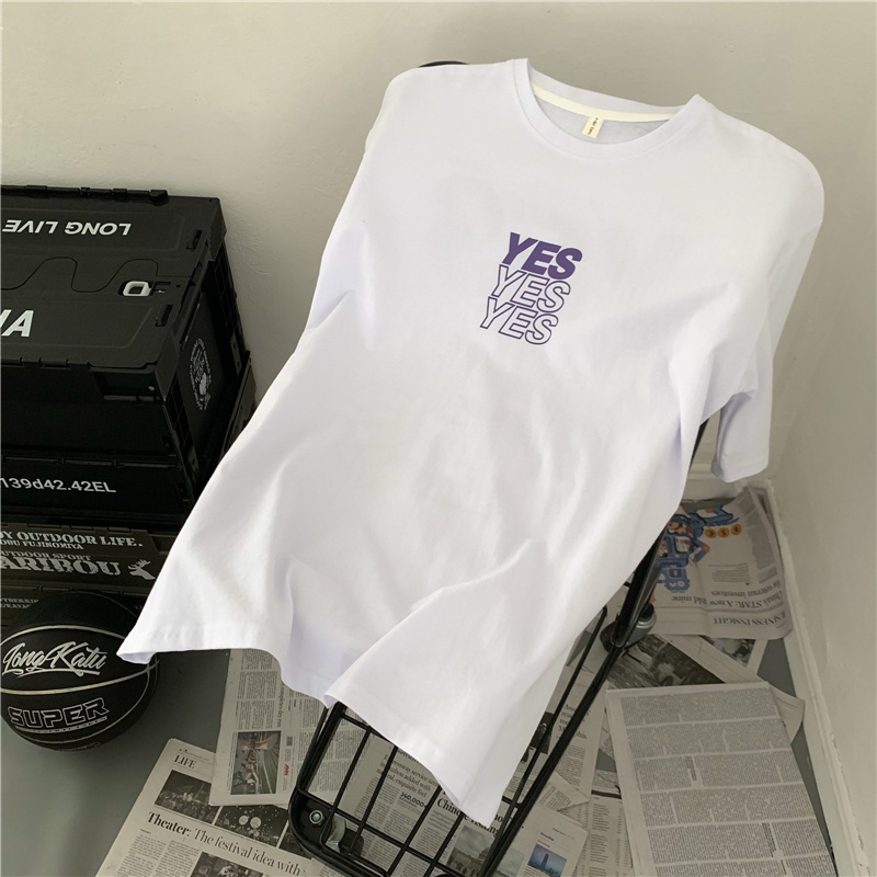 Áo Thun Nữ Ngắn Tay Cổ Tròn In Chữ Phong Cách Hàn Quốc