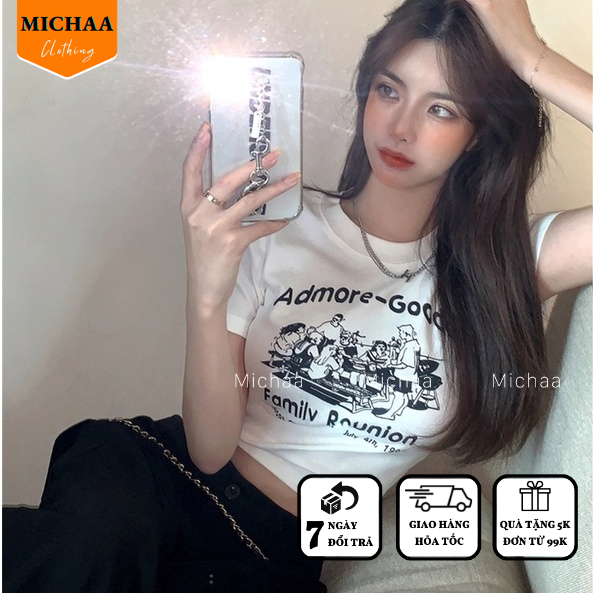 Áo Croptop Ôm Body Nữ ADMORE-GOODE Cổ Tròn Tay Ngắn, Áo Thun Croptop Kiểu In Họa Tiết - MICHAA CR90