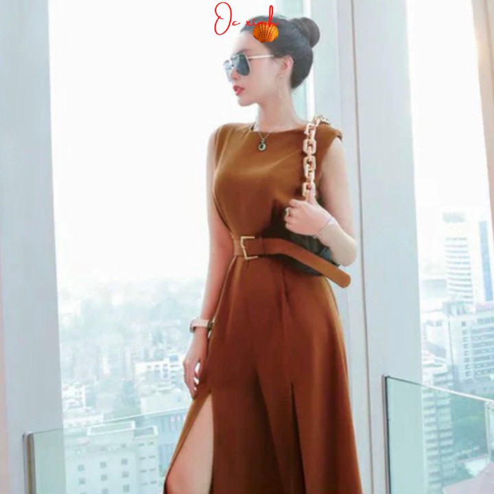 Jumpsuit dài ống rộng tôn dáng cao sang chảnh với màu cam đất xẻ tà