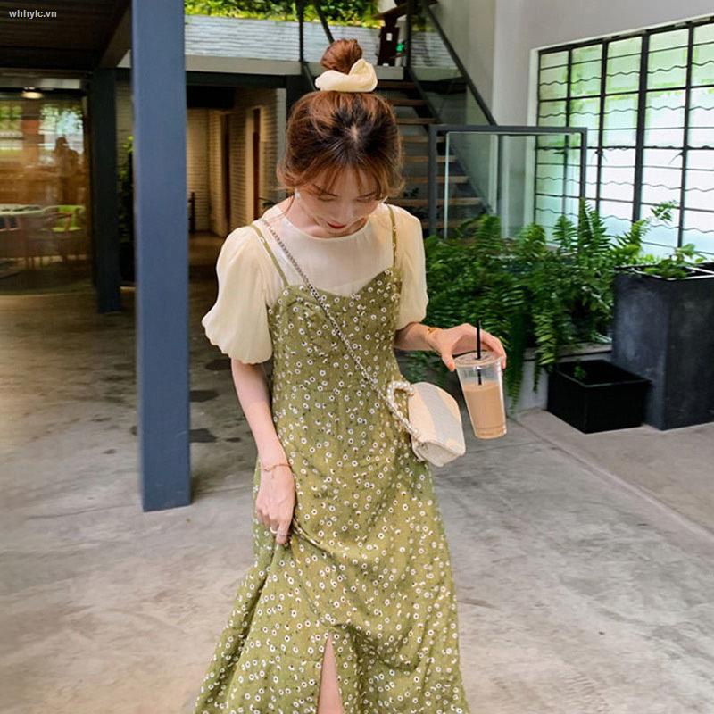 Bộ Áo Voan Tay Phồng + Đầm Hoa Hai Dây Màu Xanh Lá Ngọt Ngào Thời Trang Cho Nữ | BigBuy360 - bigbuy360.vn
