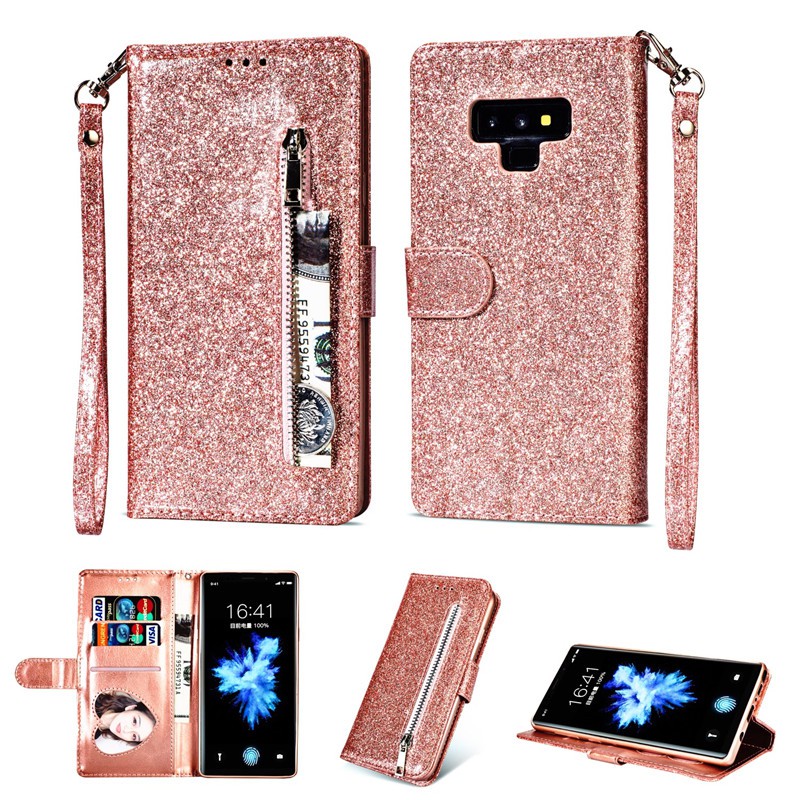 Bao da điện thoại kim tuyến nắp lật có ngăn ví khóa kéo cho Samsung Galaxy Note 9/ Note 8 | BigBuy360 - bigbuy360.vn