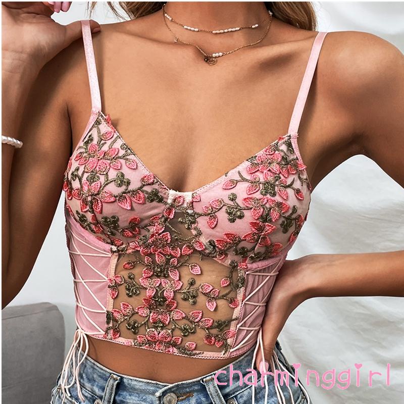 Áo Croptop Hai Dây Cổ Chữ V Thêu Hoa Dáng Ôm Thời Trang Cho Nữ