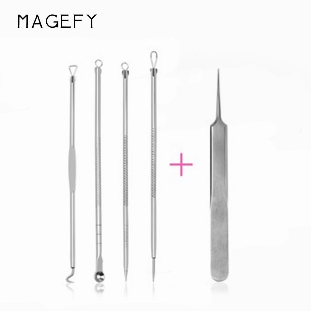 Set 5 cây nặn mụn và nhíp MAGEFY cho mụn đầu đen trứng cá cám bằng thép không gỉ