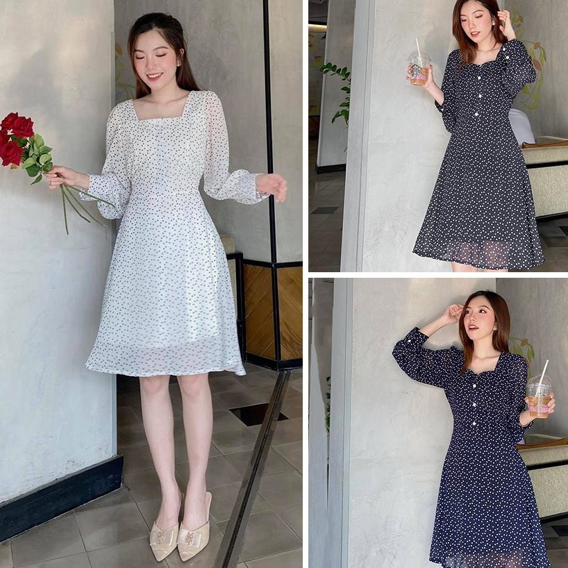 Đầm bi tim cổ vuông tay dài có 3 màu trắng đen và xanh 15A03 DRESS