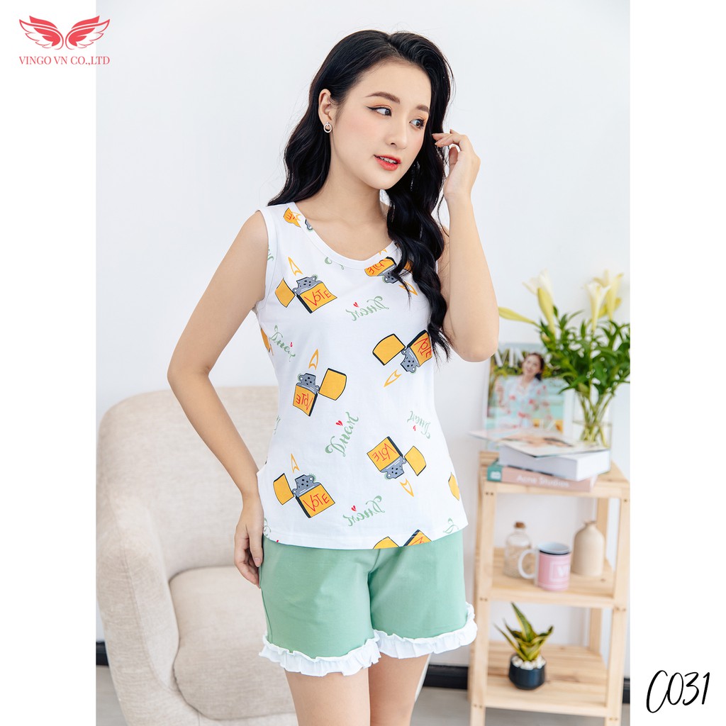 Đồ Bộ Nữ Pijama Mặc Nhà VINGO Chất Cotton Thoáng Mát Áo Ba Lỗ Sát Nách Họa Tiết Quần Cộc Xanh Viền Bèo Mùa Hè C031 VNGO