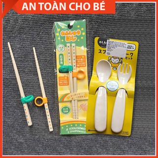 Combo Đũa Gắp Xỏ Ngón Seria Nhật và 1 Set Thìa Dĩa Inomata Nhật Cho Bé
