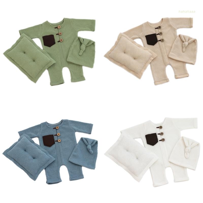 Bộ 3 Món Áo Liền Quần Co Giãn Thắt Nút + Nón Ngủ Dễ Thương Làm Phụ Kiện Chụp Ảnh Cho Bé Sơ Sinh