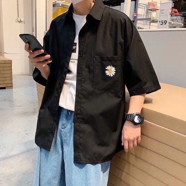 Áo Sơ Mi Hoa Cúc Đen Trắng Unisex( ảnh thật)