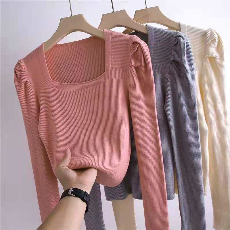Áo sweater Dệt Kim Cổ Vuông Tay Phồng Thời Trang Thu Đông Mới
