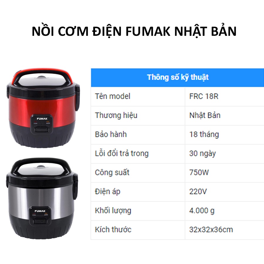 Nồi cơm điện, Nồi Cơm Fumak Nhật Bản Dung Tích 1.8L, Lòng Nồi Hợp Kim Nhôm 5 Lớp Chống Dính Bảo Hành 18 Tháng