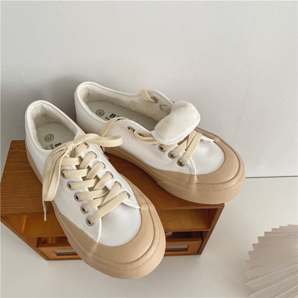 Giày thể thao nữ BUXINO20 HÓT NHẤT Giày Bata Nữ Lót Lông Ulzzang Retro Thu Đông Bánh Mì Đế Bằng Mũi Tròn Size 36 - 3