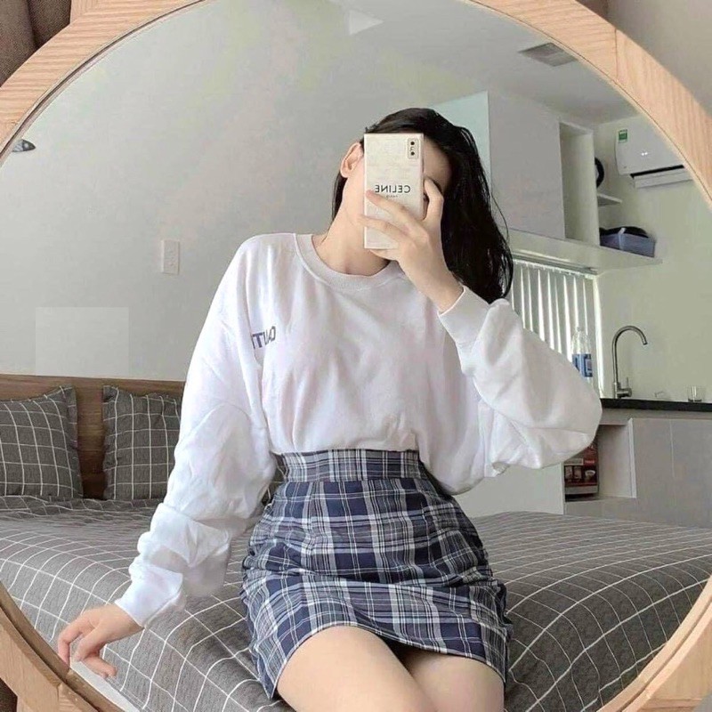 [Rẻ Vô Địch]Set Chân Váy Kẻ Caro Mix Kèm Áo Thun Dài Tay Bồng In Chữ Nhỏ Ulzzang( Có Sẵn, Ảnh Thật) | BigBuy360 - bigbuy360.vn