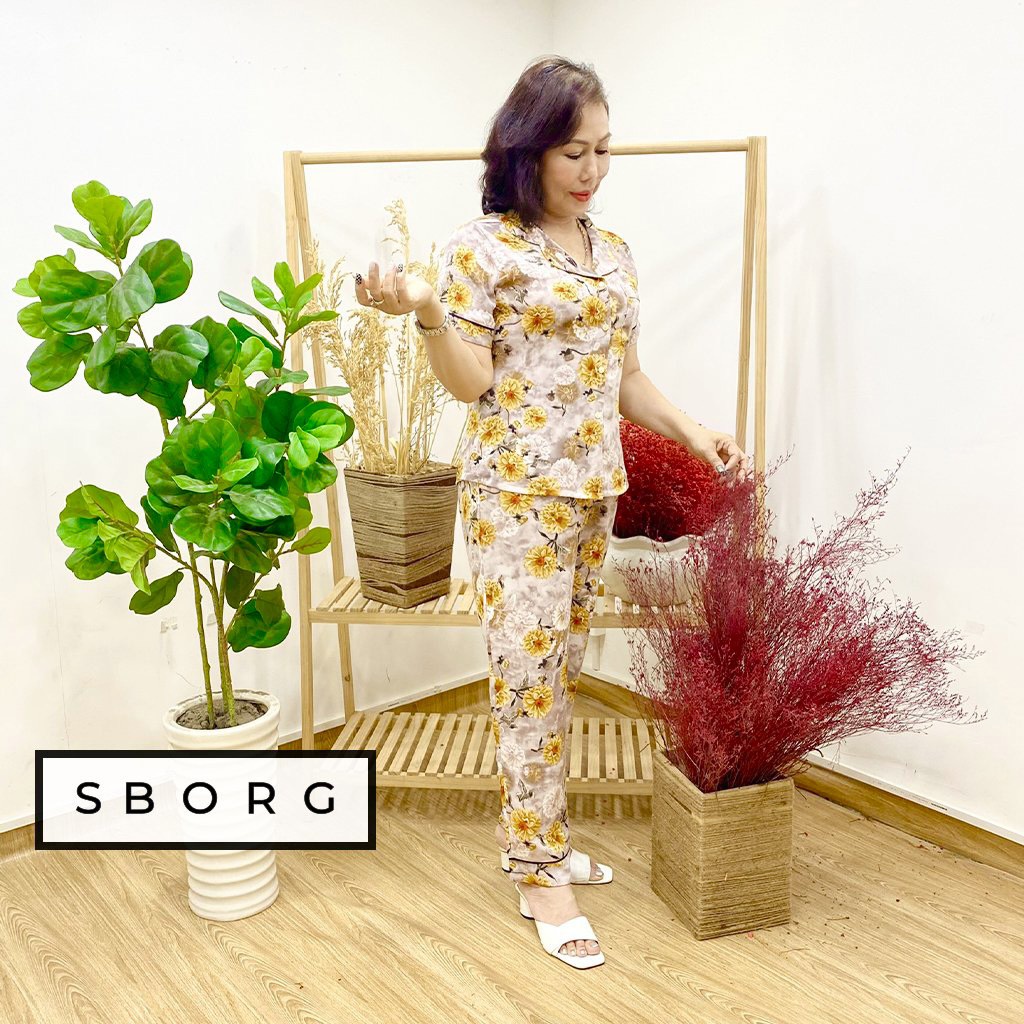 Bộ mặc nhà trung niên SBORG pijama nữ chất lụa hongkong cao cấp tay ngắn quần dài có túi bigsize từ 50-75kg quà tặng mẹ