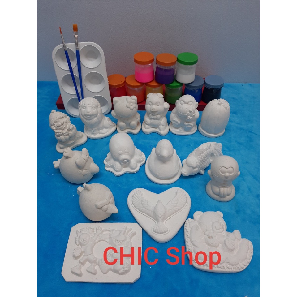 Bộ tượng tô màu thạch cao size 6,5- 10cm cho bé. ( 15 tượng+ 9x20ml màu + 2 cọ + 1 khay màu 5 ô)