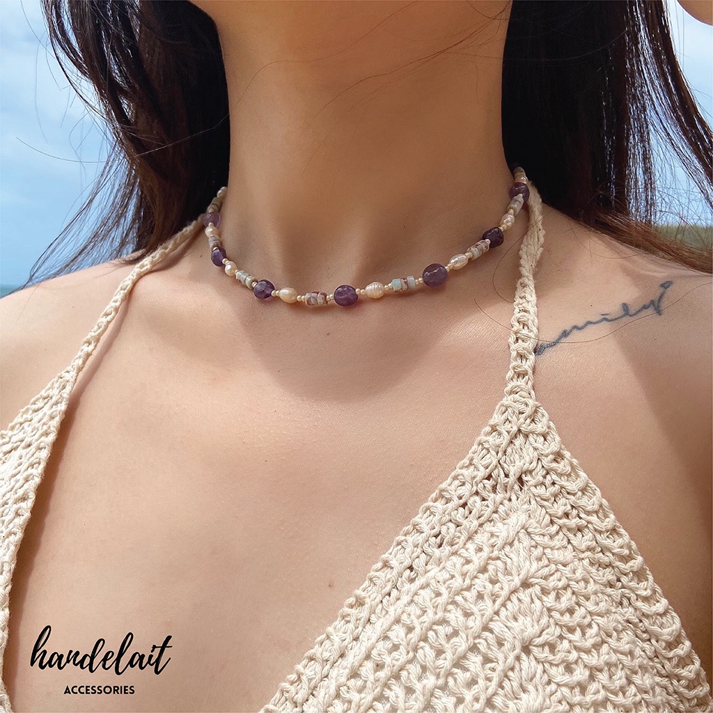 Vòng Cổ Viola Handelait Đính Hạt Đá Nhân Tạo Mix Hạt Cườm Màu Tím Nữ Tính