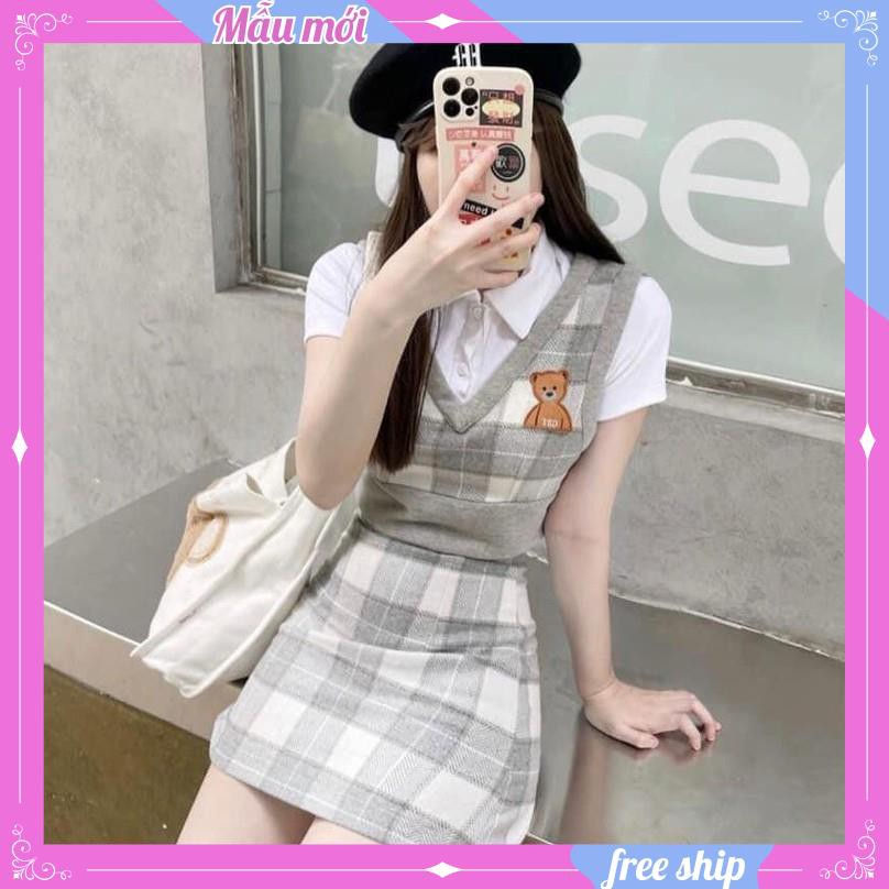 Set áo 3 món xinh xắn 💖FREESHIP💖 áo polo kèm áo gile mix chân váy chữ A AD99 SUNNY