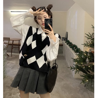 Set áo len gile họa tiết hình thoi + Áo sơ mi trắng cổ bẻ style nữ sinh Hàn Quốc đáng yêu
