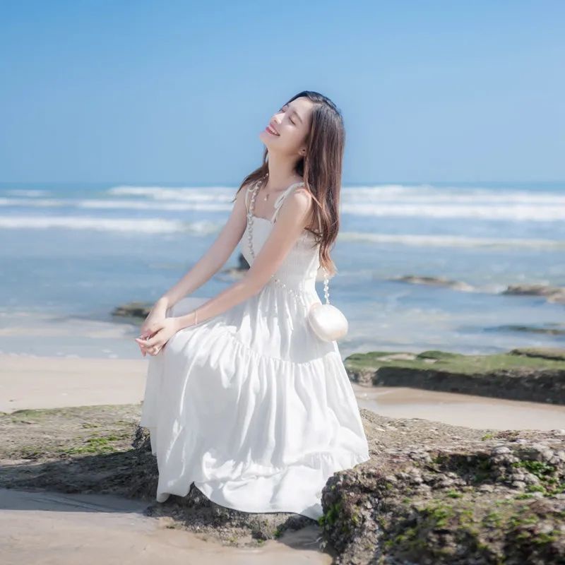 Đầm Hai Dây Dáng Dài Mỏng Nhẹ Màu Đen Phong Cách Hàn Quốc Thời Trang Đi Biển Cho Nữ