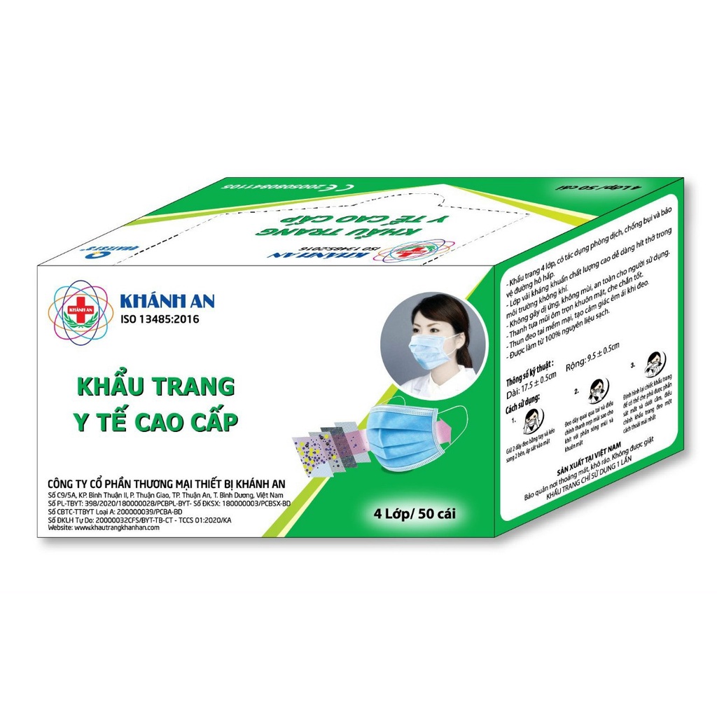 HỘP 50 CÁI KHẨU TRANG KHÁNH AN 4 LỚP CAO CẤP KHÁNG KHUẨN (MÀU XANH)