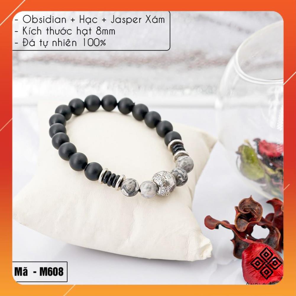 Vòng tay Obsidian 8mm + Hạc + Jasper xám - Vòng tay  phong thủy tự nhiên - Bảo hành 5 năm - Kèm hộp quà tặng sang trọng