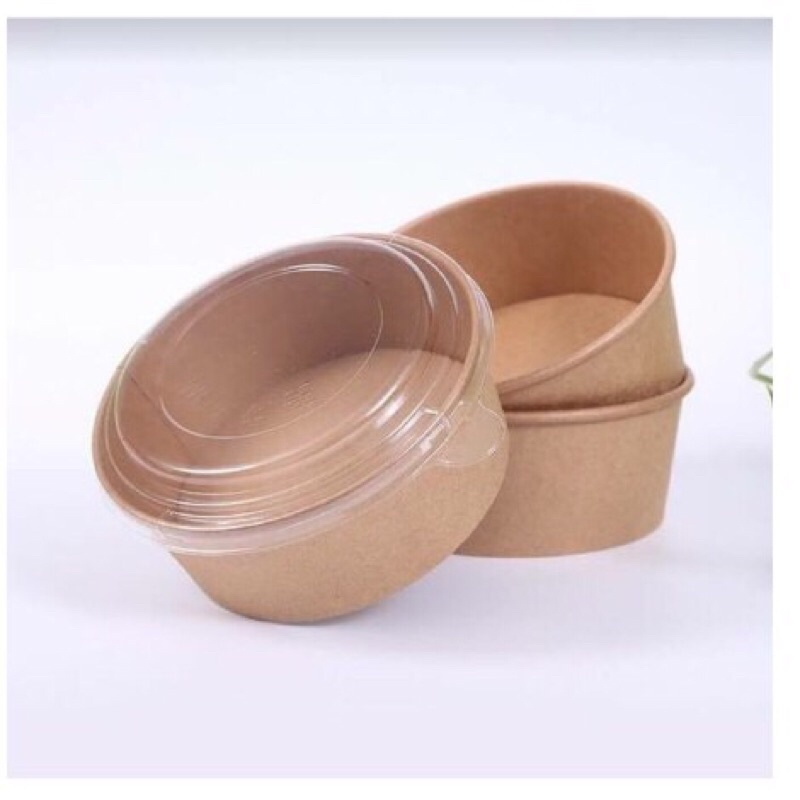 Hộp giấy tròn Kraft 750ml/ 1000ml kèm nắp Combo 10 hộp giấy tròn lắp nhựa trong đựng đồ ăn, bánh