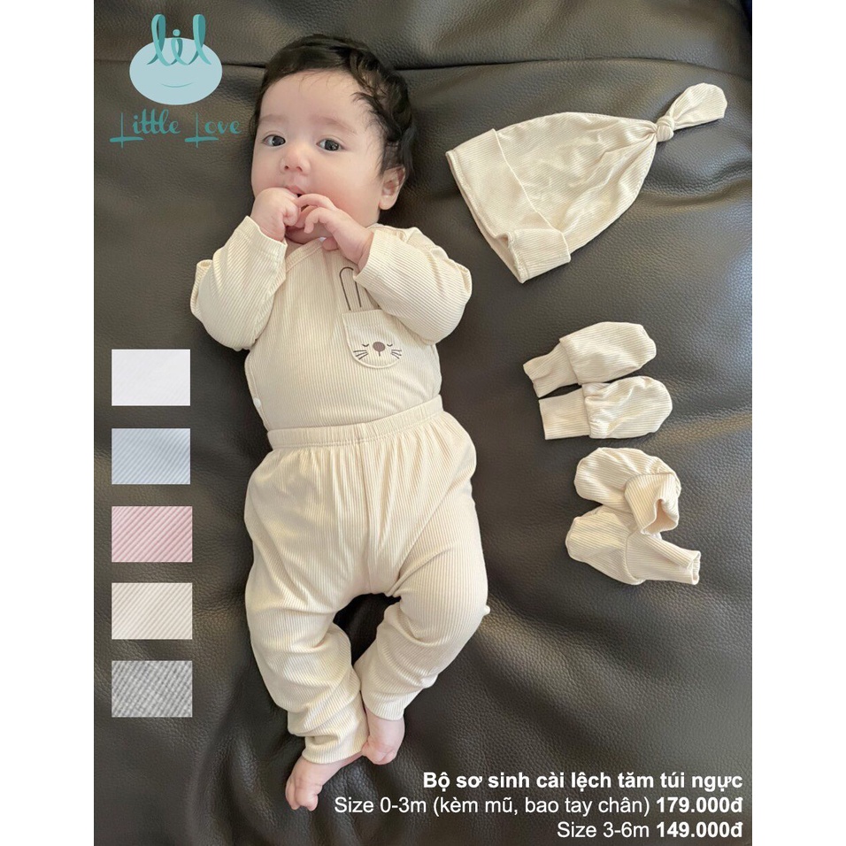 Set bộ dài tay sơ sinh vải tăm cài chéo/cài giữa túi ngực Little Love cho bé
