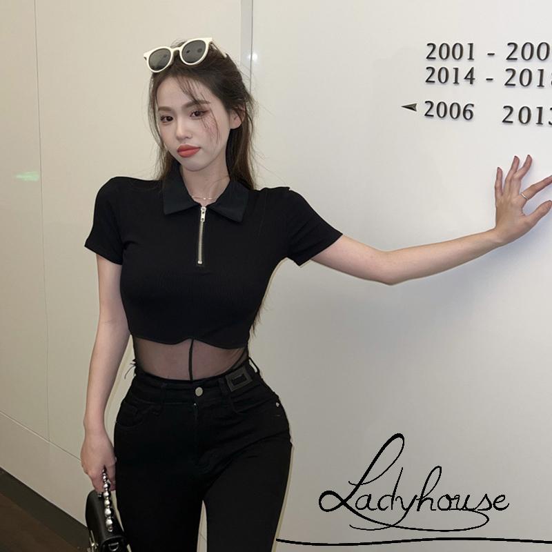 LDD-Women Attractive Sheer Bodysuit, Black Solid Color Quarter Zip Turn-down Neckline Romper