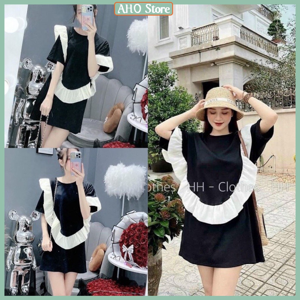 Áo Váy Thun Nữ Viền Bèo Dáng Dài Trùm Mông Áo Phông Nữ Freesize Tay Lỡ Form Rộng