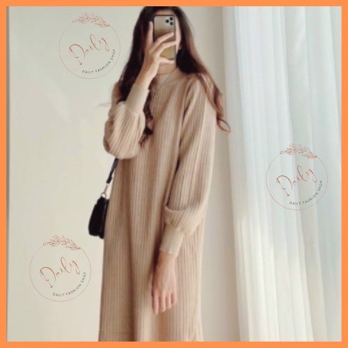 Váy Len Dài Tay Nữ Dáng Suông Tay Bồng Chất Len Gân Mềm Mịn Dày Dặn