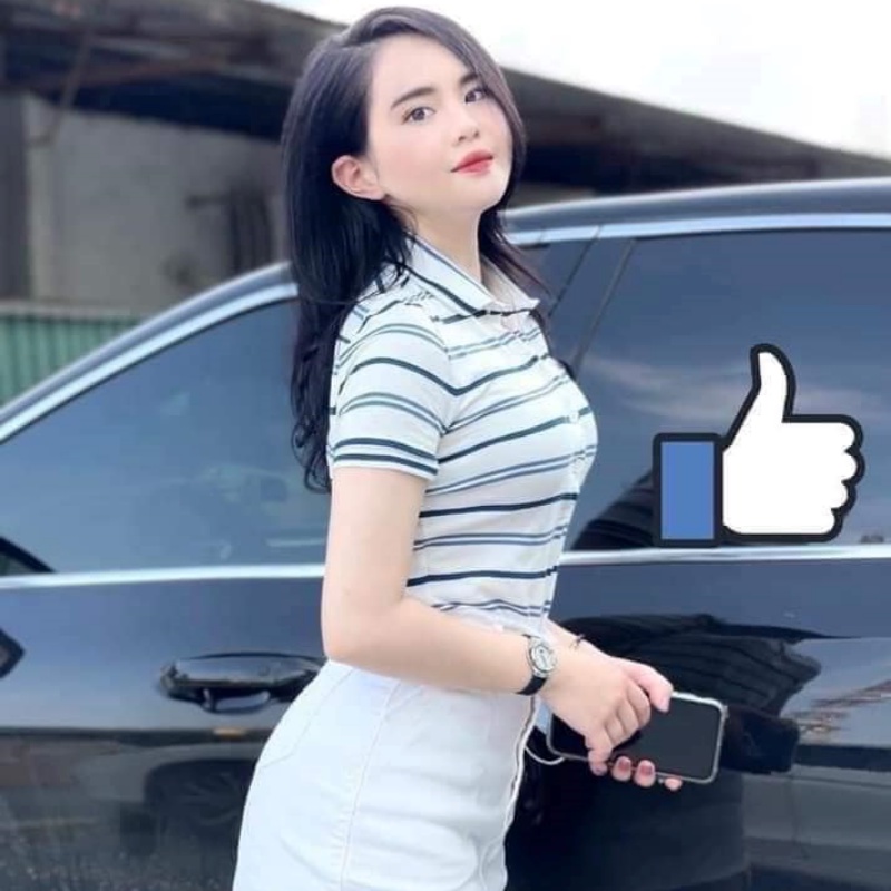 Áo polo nữ kẻ trắng thêu hình cá sấu ngực Xiaomimi