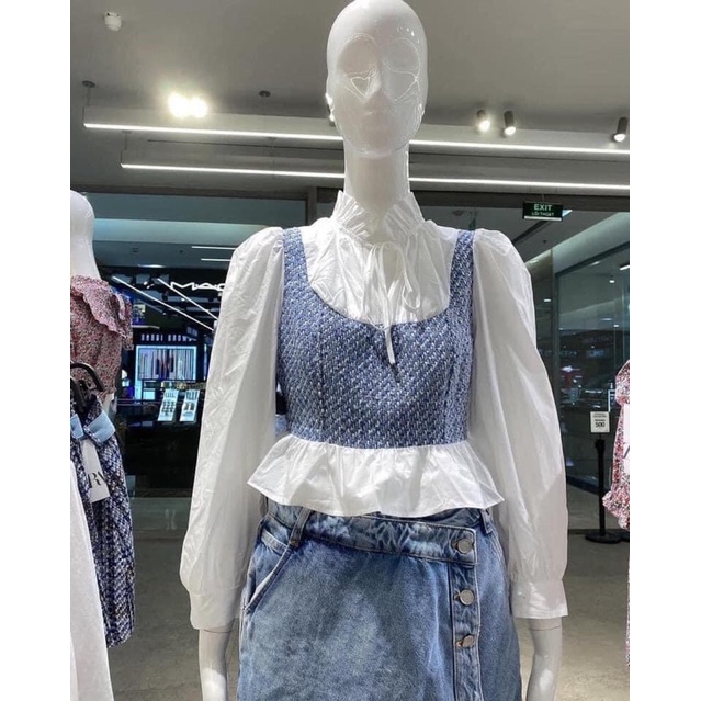 Áo SơMi Phối Dạ Tweet Xanh Cổ Bèo