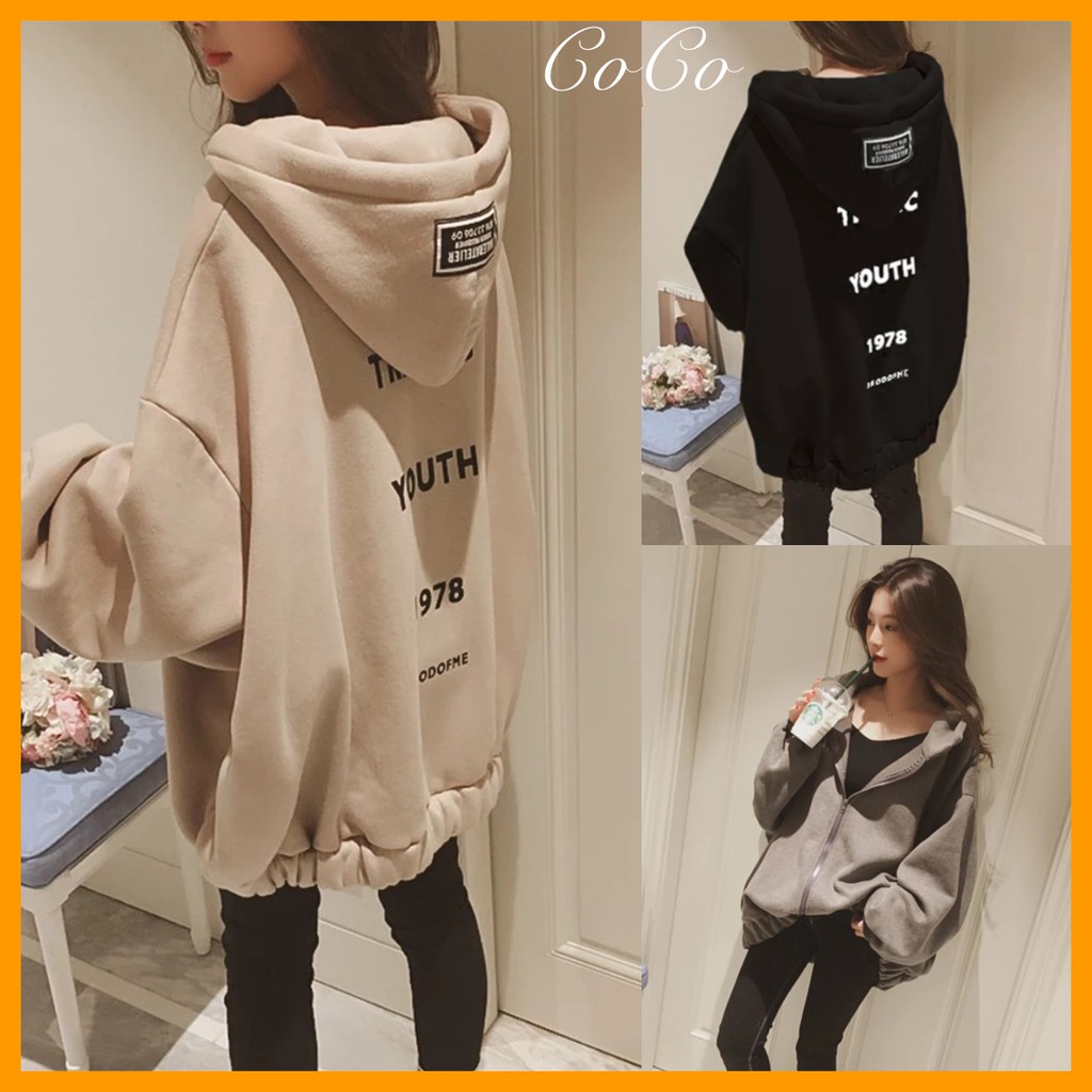 Áo sweater Hoodie dáng rộng có khóa kéo năng động phong cách thu đông Hàn Quốc