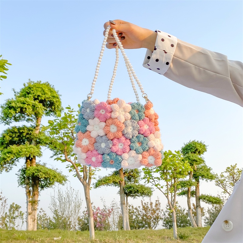 HANDMADE Túi Xách Đan Len Đính Hoa Thủ Công Thời Trang