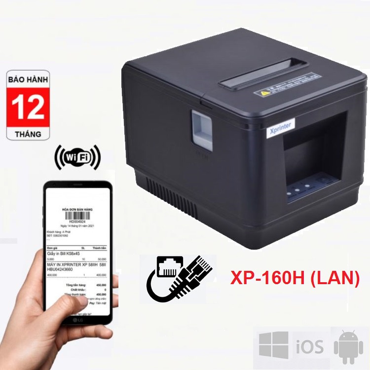 Máy in hóa đơn K80 Xprinter 160H &amp; 160ii LAN in Bill không dây WIFI từ điện thoại &amp; máy tính PC tới máy in