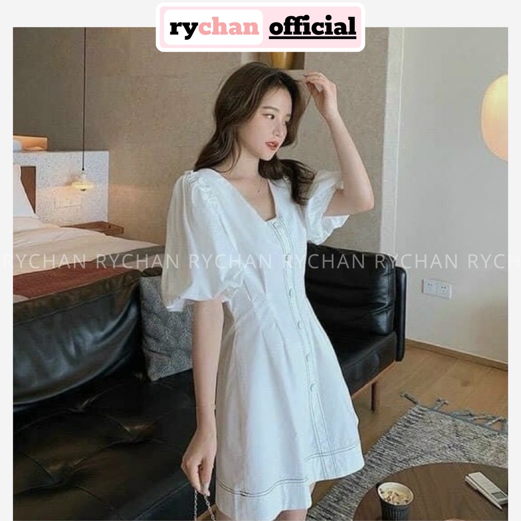 Đầm Váy Nữ Cổ V Tay Phồng To Bó Eo Nút Trước Phối Viền Đen Cực Cá Tính Sành Điệu Màu Trắng [ẢNH THẬT CUỐI] - DX9838