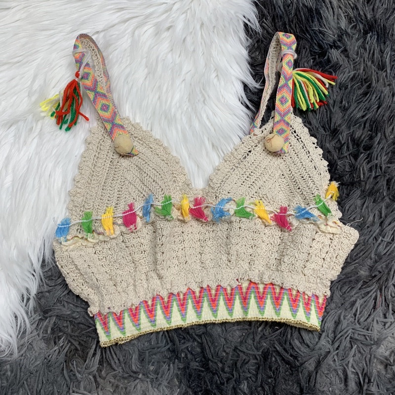 🍀Ren 19 - Set Ren Đi Biển 3 món - áo bra 2 dây thổ cẩm + quần ren xẻ vạt + choàng ren hoa nhỏ