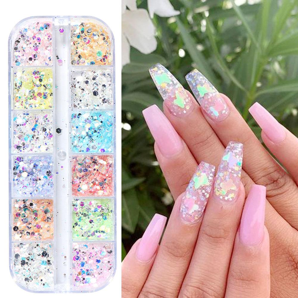 Hộp Kim Tuyến 12 Ngăn Màu Sắc Tươi Sáng Lấp Lánh Trang Trí Móng Nghệ Thuật DIY