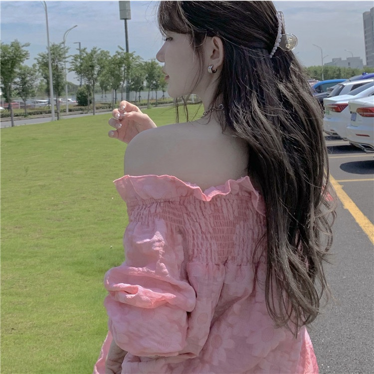 Đầm Trễ Vai Màu Hồng Phong Cách Hàn Quốc Thời Trang Mùa Hè Cho Nữ