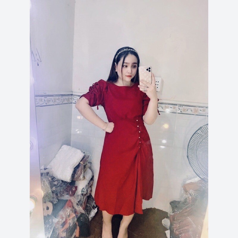 Đầm Tết Bigsize màu đỏ dáng dài rút eo đính cườm size từ 50kg-90kg  chất bố nhung màu đỏ/đen/nâu | BigBuy360 - bigbuy360.vn