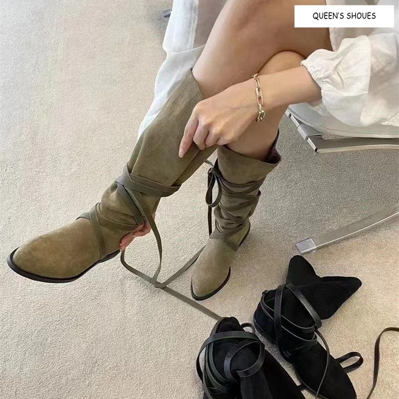 Giày Bốt Denim Mũi Nhọn Gót Thấp Buộc Dây Kiểu Retro Phương Tây Cá Tính Cho Nữ